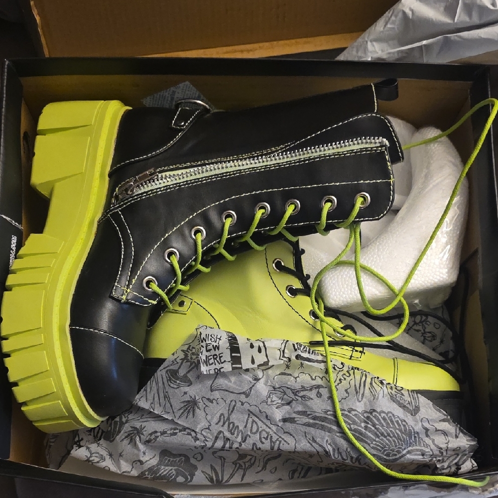 Black and Neon Green Platform Boots